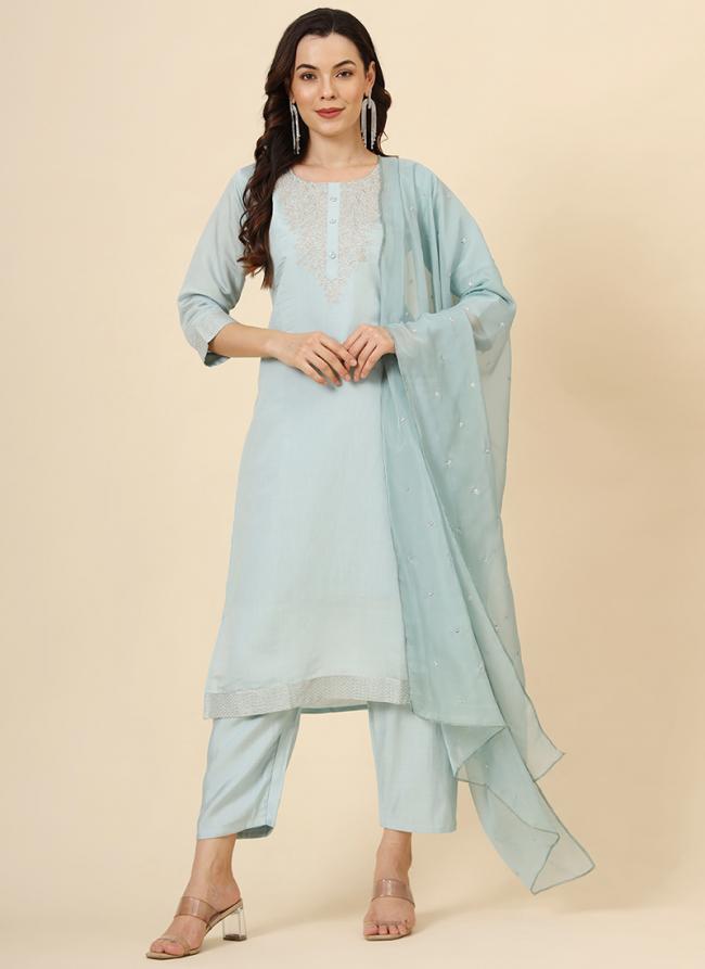 Muslin Sky Blue Traditional Wear Embroidery Work Readymade Kurti Set